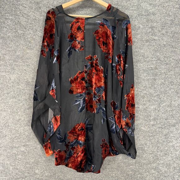 She + Sky Top Women M Medium Gray Floral Open Front Long Sleeve Cotton Casual - Picture 2 of 7